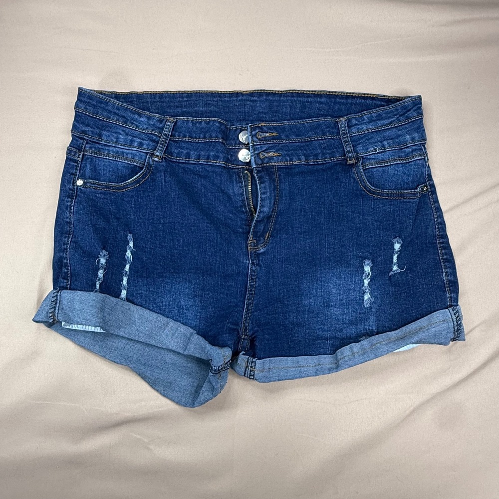 Unbranded Distressed High Waisted Denim Shorts Cuffed Dark Wash Blue Size 16